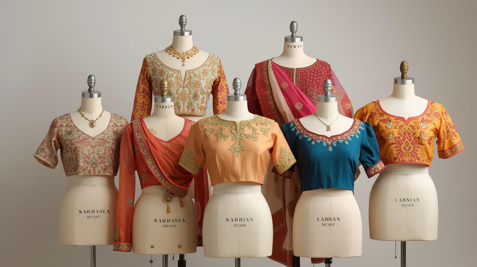 Home create an image in which there are multiple mannequins wearing indian traditional designer blouses for a fashion website